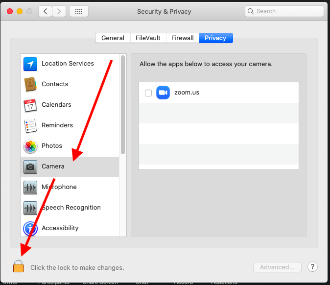 Multi-item list on left hand side, with an arrow pointing to "Camera", and another arrow to the lock symbol to click to make changes.